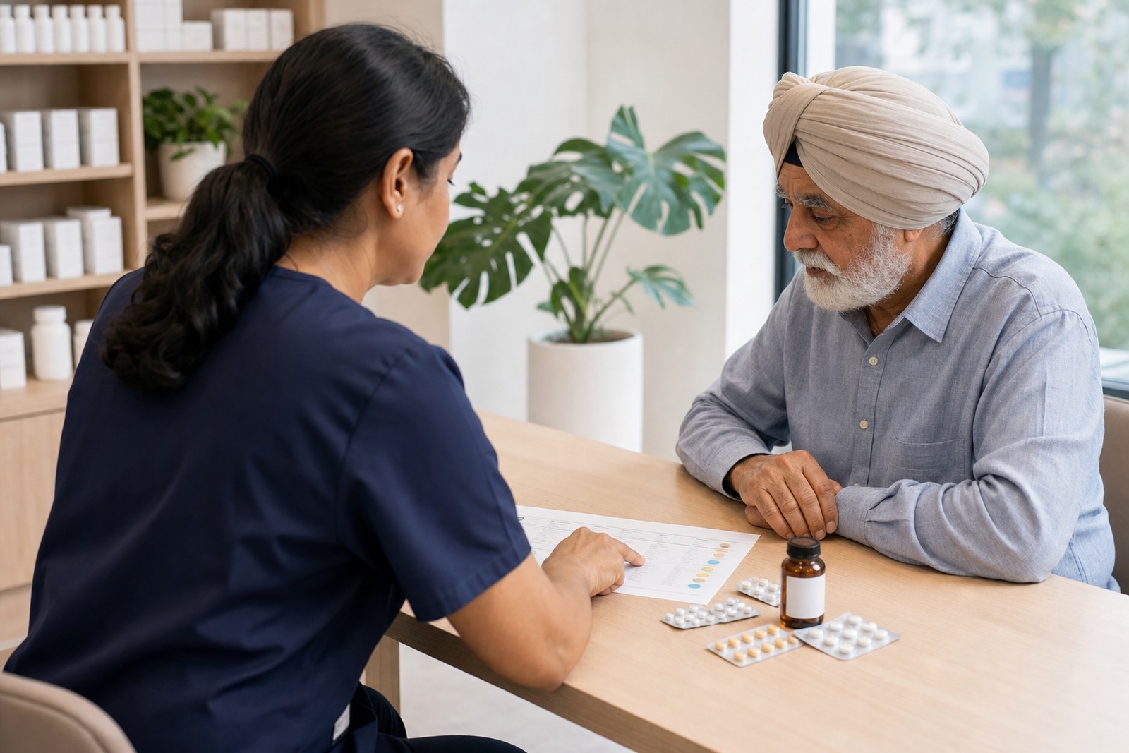 A pharmacist reviewing medications with a patient
