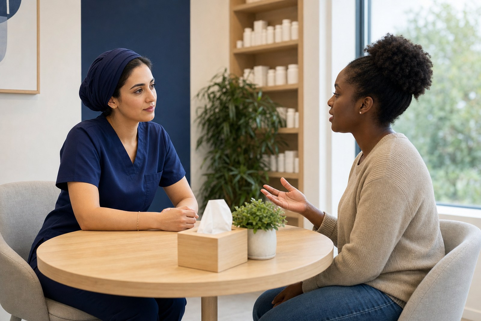 A pharmacist in a private consultation with a patient