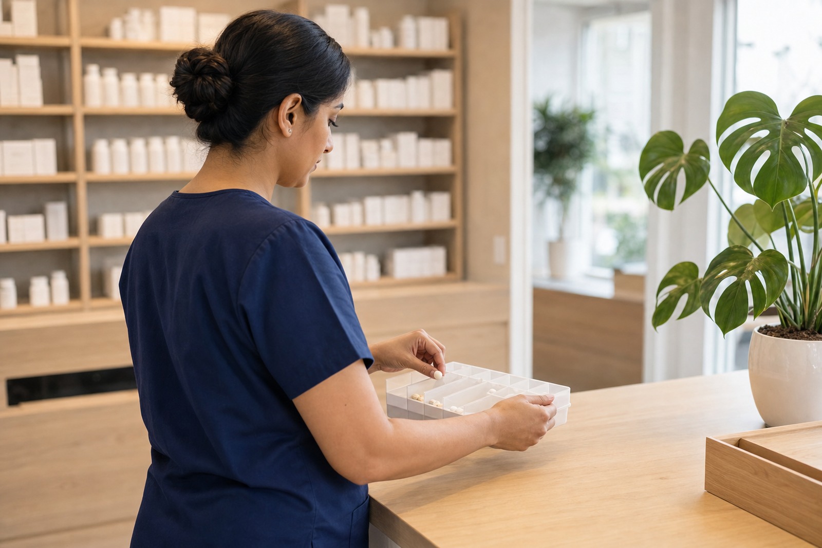 A pharmacist at work behind the dispensary counter